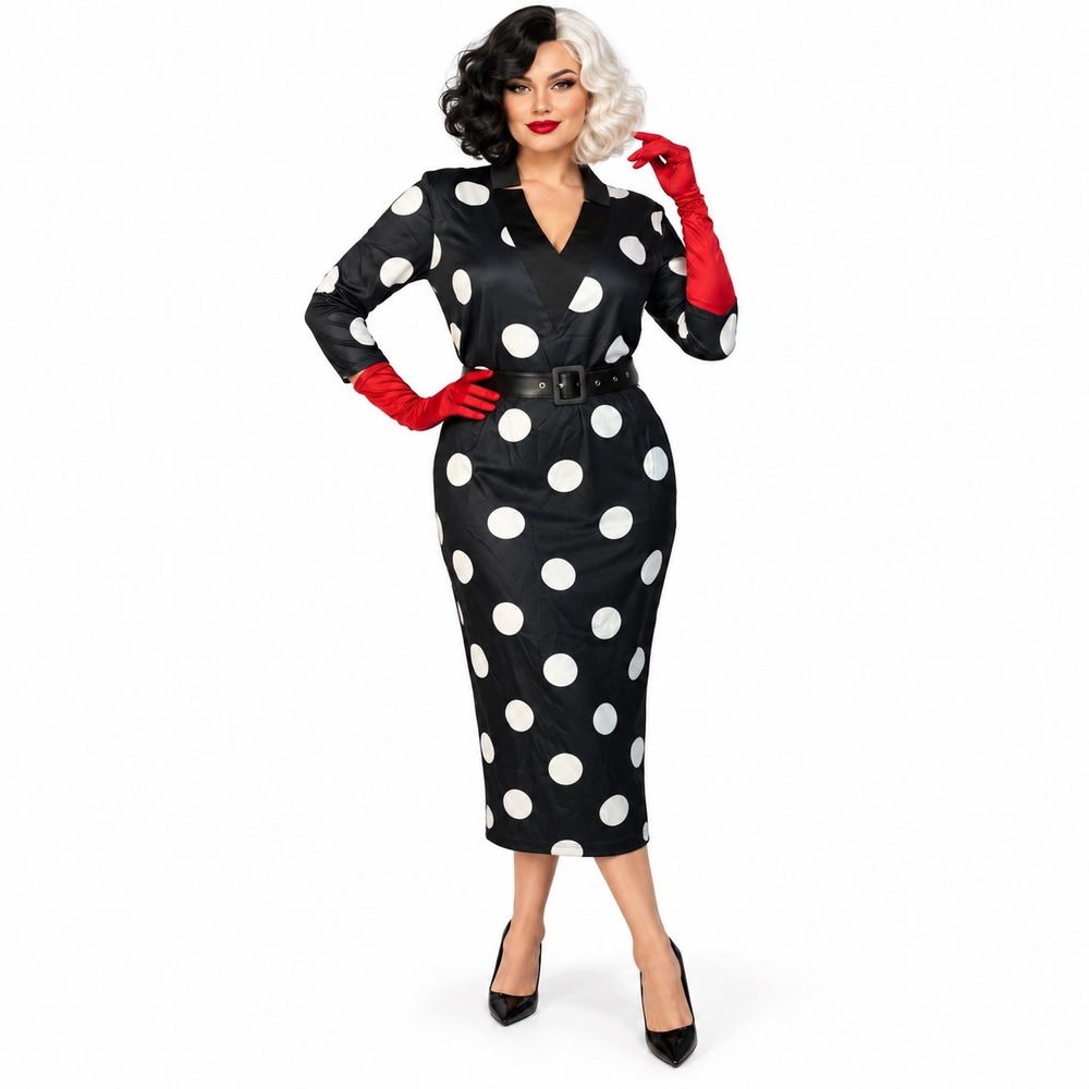 Black White Polka Dot Midi Dress Cruella Costume 60s Mod